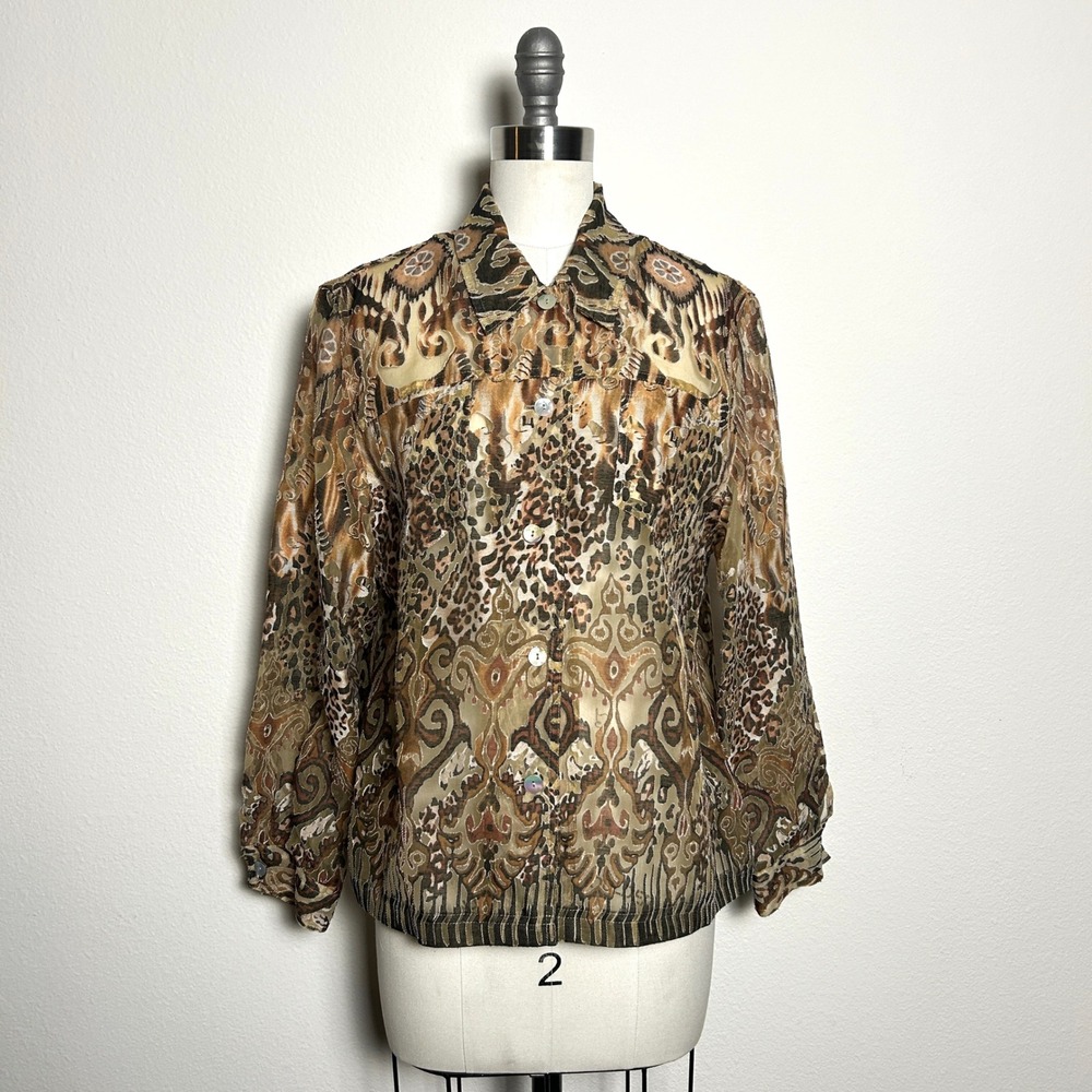 Vintage Brown Rayon Linen Animal Paisley Print Sheer Button Blouse Women 10P